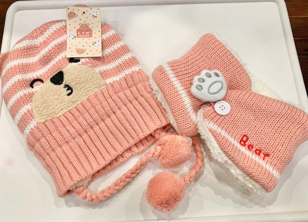 Pink Bear Hat & Neck Scarf Set Size 1-2Y